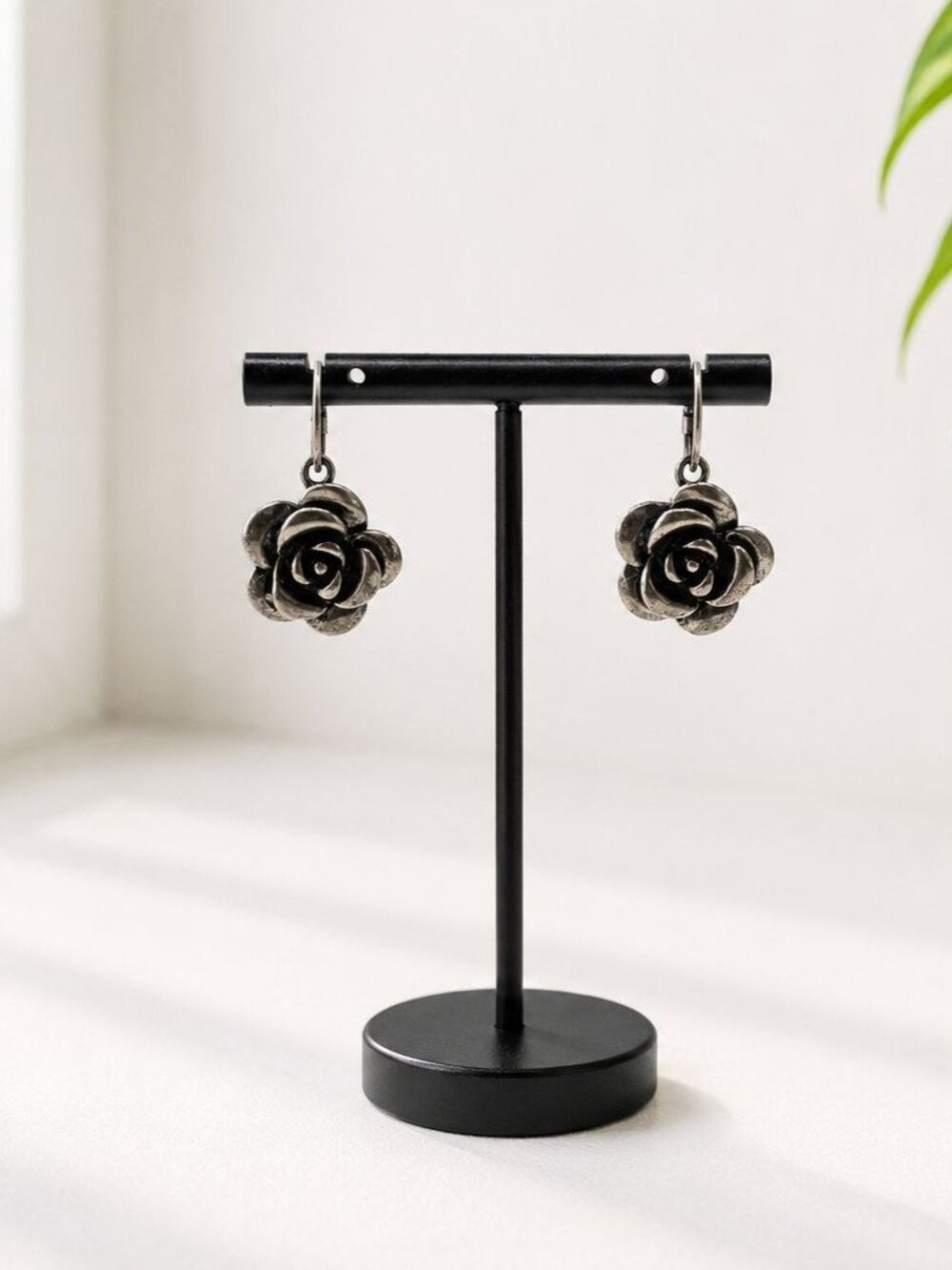 Antique Silver-Tone Rose Drop Earrings Floral Design Lightweight Hook Style Uniq